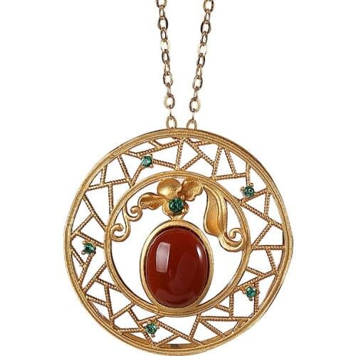 S925 sterling silver gold-plated southern red agate pendant personalized retro hollow pattern womens necklace hanging