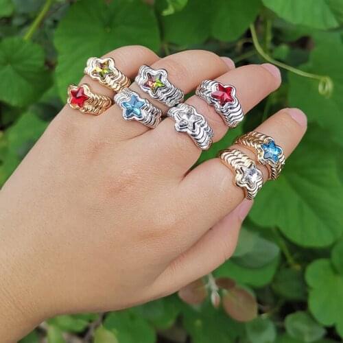 Minar Vintage Colorful Star Chunky Rings for Women Silver Color Metal Water Wave Shiny Rhinestone Finger Ring Punk Accessories