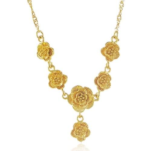 Gold Color Water Wave Chain Necklace Women Luxury Brand 24k Gold Rose Flower Pendant Necklace Jewelry P006