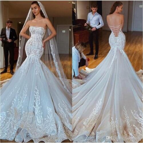 2021 Mermaid Wedding Dresses Stunning Lace 3D-Floral Appliques Court Train Sexy Backless Strapless Modern Bridal Gowns