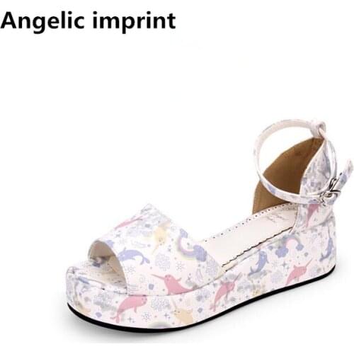 Angelic imprint woman mori girl lolita cosplay shoes lady mid heel wedges pumps women princess summer sandals 33-47 5cm peep toe