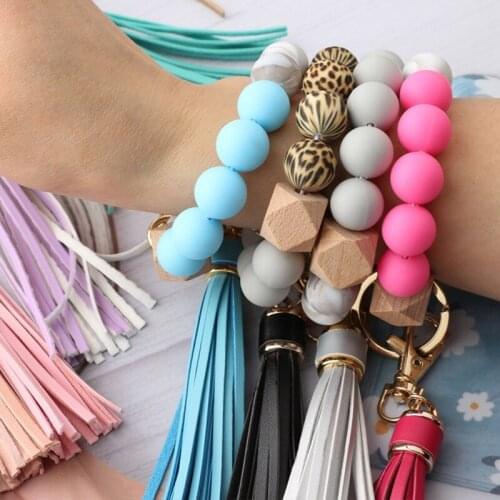Natural Wood Eye Charm Bracelet keychain Wristlet Leather Tassel Food Grade Silicone Bead Key Ring Bracelet for Women