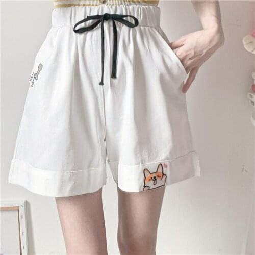 Harajuku Lovely Muco ! Drawstring Black Wide Leg Shorts TeenGirl Summer Loose Cute Doge Embroidery High Waist Casual Women Pants