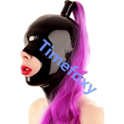 100% Latex Black Mask with pigtail Rubber Hood Mask Cosplay Black Mask with Zip on Back for Party