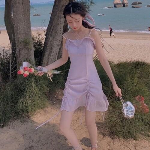 Summer Kawaii Sweet Blue Strap Fairy Dress Korean Designer Fit Chic Chiffon Lace-up Pink Dress Vintage Sexy Mini Party Dress