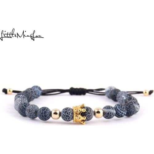 Little Minglou Luxury men bracelet 8mm Weathered stone bead & CZ Crown Charm Braided Bracelets & bangles for women party gift
