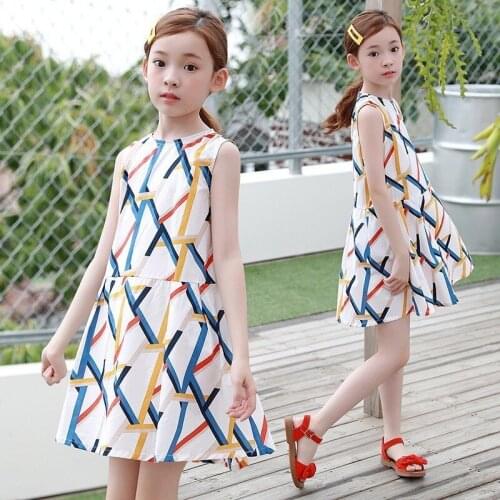 New 2020 Kids Girls Summer Dress Baby Sleeveless Printed Princess Dresses For Teens Clothes kids beach a line dresses