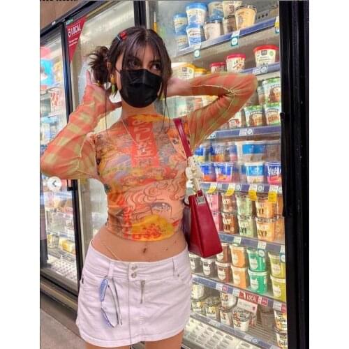 2021 New Women Slim-fit Crop Tops Adults Casual Cartoon Print Long Sleeve Round Neck Pullover