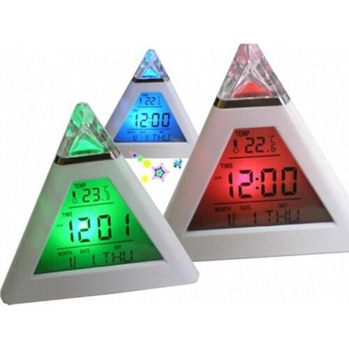 New Fashion color changeable alarm clock Pyramid Temperature 7 Colors LED Change Backlight LED Alarm clock with date