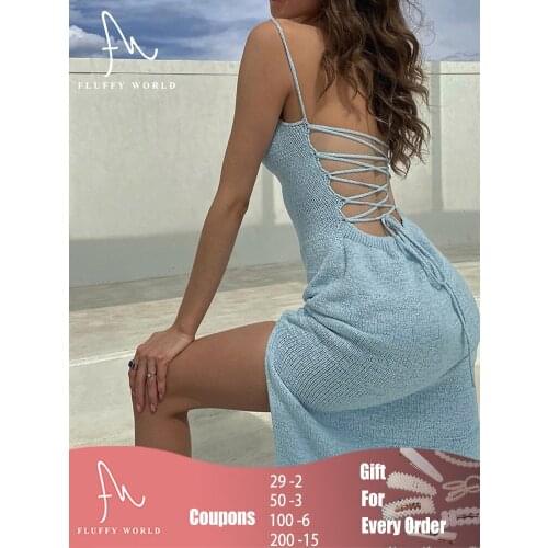 Fall Knit Bodycon Maxi Dress Hollow Out Sexy Sleeveless Sweater Split Long Dress Solid Color Spaghetti Strap Bandage Clothes