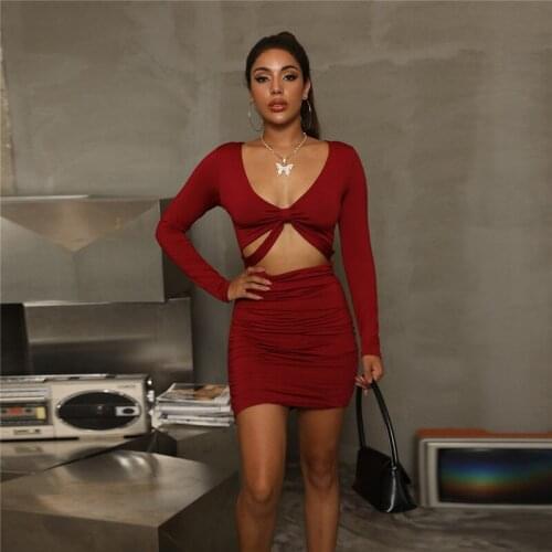 WJFZQM Long Sleeve Dress Women Autumn Sexy Solid Hollow Out Wrap Club Mini Dresses V Neck Bodycon Short Ladies Dress Vestidos