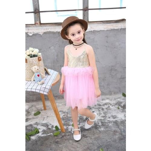 Explosion models spring and summer fashion sequin dress strap lace girl mesh fluffy baby girl dress