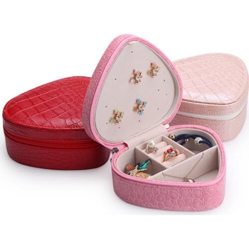Portable Elegant Heart Shape Women Makeup Cosmetic Organizer Case Red Pink 3 color Mirror Jewelry earring Multilayer Storage Box