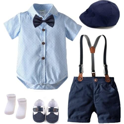 Summer Hat Boys Clothes with Shoes Baby Outfit Set Bow Tie Harajuku Bib Suit 7-pieces Party Birthday Dresses Blue White Striped