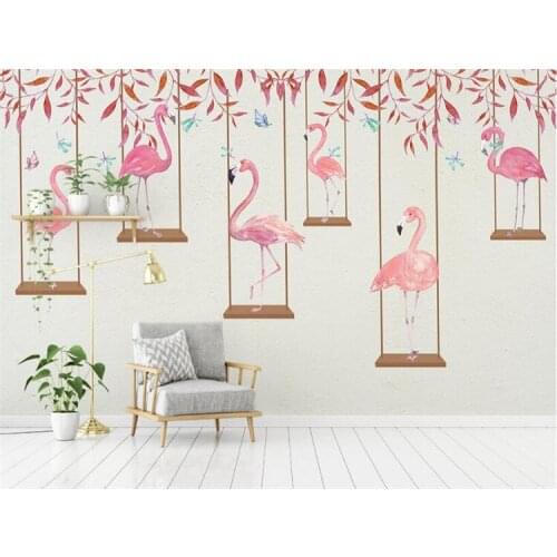 Modern minimalist cartoon pink flamingo personality children room boy girl room background wall photo living room TV wallpaper