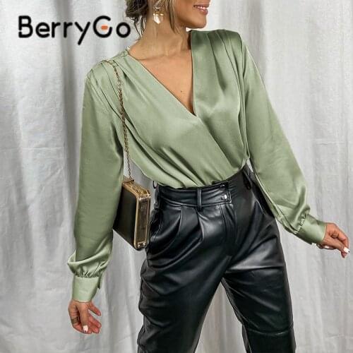 BerryGo Sexy Club Autumn Women Solid Tops Pleated Cross V-neck Ladies Blouses Full Regular Sleeves Female Black Green Blouses