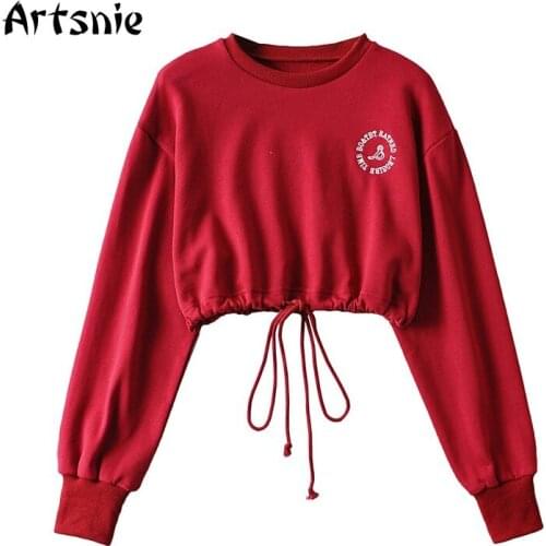 Artsnie Letter Embroidery Sweatshirt Women Spring 2021 O Neck Long Sleeve Crop Hoodies Streetwear Lace Up Red Sweatshirts Femme