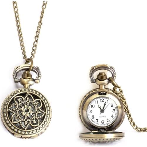 Women Men Pocket Watch Vintage Small Size Lotus Hollow Out Quartz Clock Necklace Chain SP99