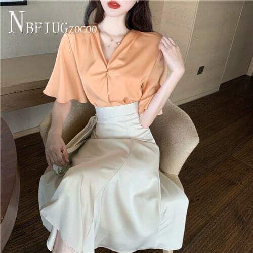 2020 Summer Hong Kong Style Temperament Women Sets V Neck Chiffon Blouse And High Waist Skirt Female Sets