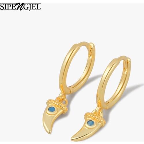SIPENGJE Blue Micro Zircon Horn Crescent Hoop Earrings Gold And Silver Color Pendant Earrings For Women Gothic Style Jewelry