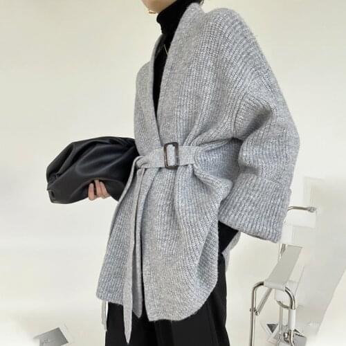 2021 Women Autumn Winter Loose Cardigan Sweater Coat Jacket Lacing Up Slim Waist Knitted Overcoat Outwear