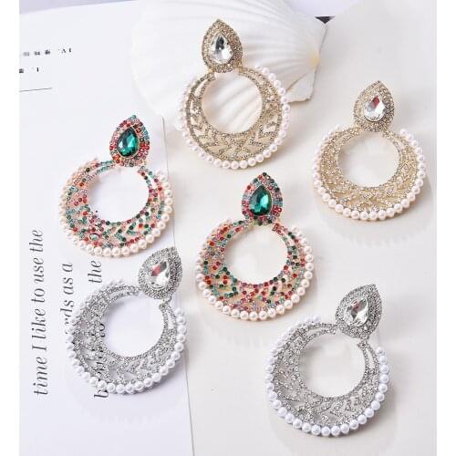 Ztech Statement Big Round Imitation Pearl Drop Earrings Fashion Trend Colorful Luxury Rhinestone Jewelry Accessories For Women