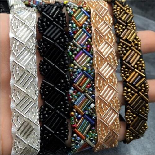 2yards Black Champagne Beaded Lace Trim Fabric Appliques Handmade Sewing Supplies DIY Clothing Collar Decoration Accessories