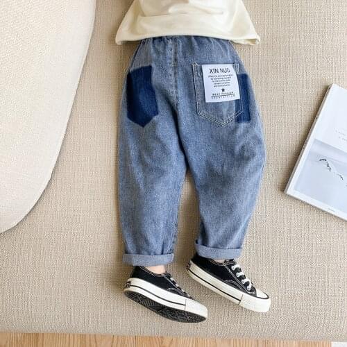 Jeans Pants Elastic Waist Mid Waist Long Length Solid Loose Cotton Casual New Fashion Spring Autumn Boys Children Kids