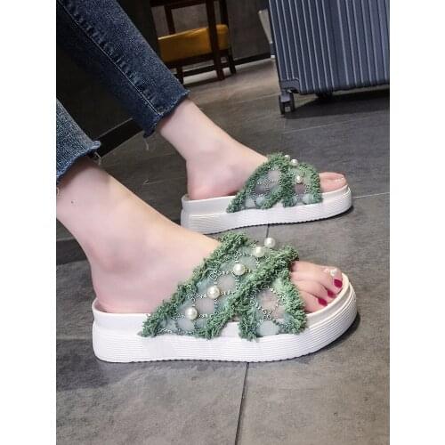 Lace Pearl Elegant Thick-Soled Non-Slip Wear-Resistant Ladies Slippers Fashion Outer Wear Beach Shoes Summer New Style