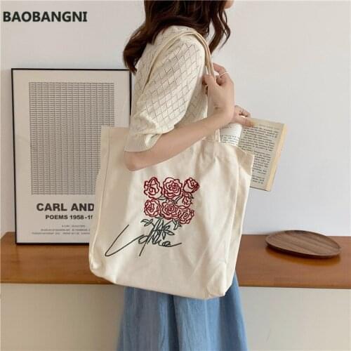 Women Canvas Bag Embroidery Rose Tote Cotton Cloth Fabric Handbag Vintage Large Capacity Shoulder Bag Shopping Bags For Girls