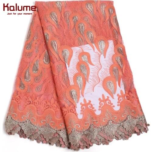 Kalume 2021 Peach French Mesh Milk Silk Lace Fabric Stones African Lace Fabric For Nigerian Party Dress Tulle Lace Fabrics 2218
