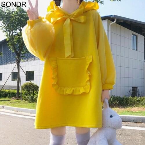 Kawaii Girls Lolita Dress One Piece Daily Wear Cute Yellow Hooded Winter Warm Thicken Dresses Women Soft Sister Big Pocket Dress