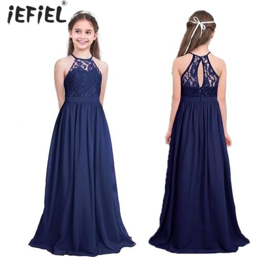 Summer Fashion Flower Girls Dress Wedding Birthday Party Kids Long Dress Vestido Elegant Halter Neck Floral Lace Princess Dress