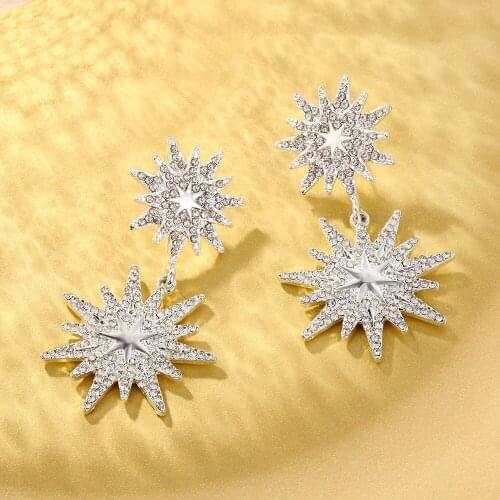 Lost Lady Luxury Rhinestone Star Dangle Drop Earrings for Women Fashion Gold Color Metal Statement Earrings Wholesale Jewelry