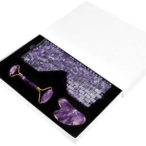 Amethyst Eye Stone Mask Face Massage Jade Roller Gua Sha Scraper Set Purple Crystal Sleeping Masks Facial Massager Skin Care Kit