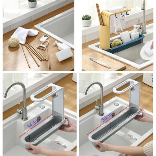 Sink Rack Multifunctional with Hooks Plastic Adjustable Dish Drain Shelf for Kitchen Different Compartments And 4 Hooks