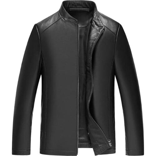 Mens Fall And Winter Genuine Sheepskin Leather Zipper Placket With Stand Collar Natural Leather Jacket Long Sleeves
