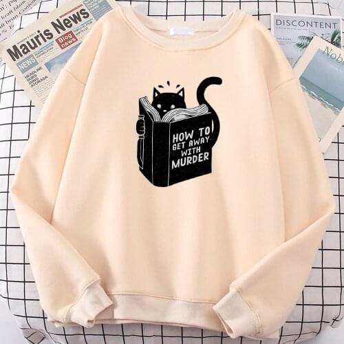 Black Cat Reading Book Mens Sweatshirt How To Get Away With Murder Male Sportswear Retro Street Crewneck Male Hoodie