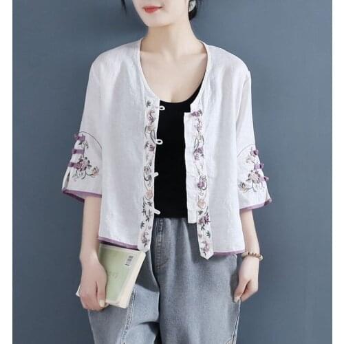 Chinese Style Clothing Women Vintage Embroidery Qipao Tops Hanfu Tee Shirt Qi Pao Tang Suit Blouse T-Shirt Cheongsam Top 12701