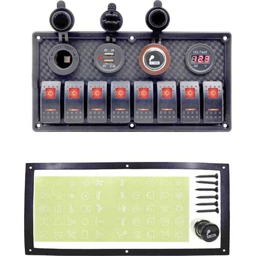 8/5 Gang ON-OFF Toggle Switch Panel 12V~24V +Dual USB Socket Charger LED Voltmeter +Power Outlet for Boat Marine RV Truck Car