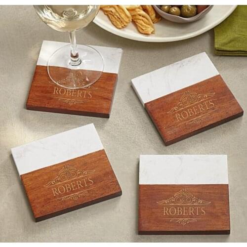 Personalized Custom Wholesale Natural Stone Cup Tea Drink Marble Bamboo Wooden Coaster