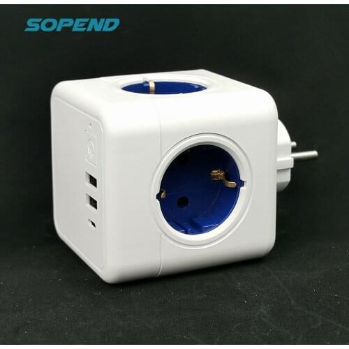 Sopend 4 Outlets Wall Power Strip EU Plug Socket Adapter PowerCube 2 USB Type-C Ports Switch Electrical 250V 3680W Home Office