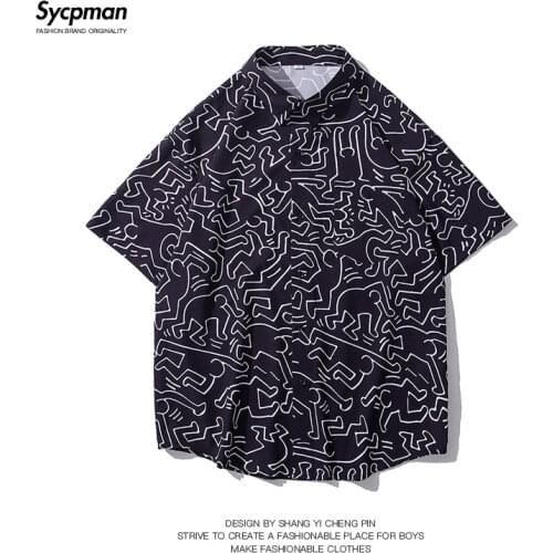 Mens short-sleeved shirt 2021 new summer loose casual button cardigan geometric creative stripe printing lapel top