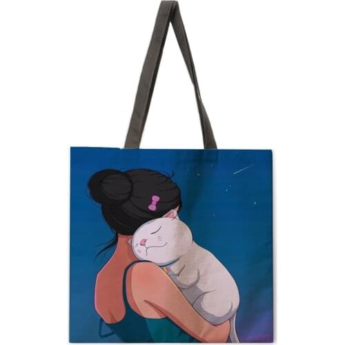 Girl and cat print handbag Ladies casual handbag Foldable shopping bag Outdoor beach bag Daily handbag