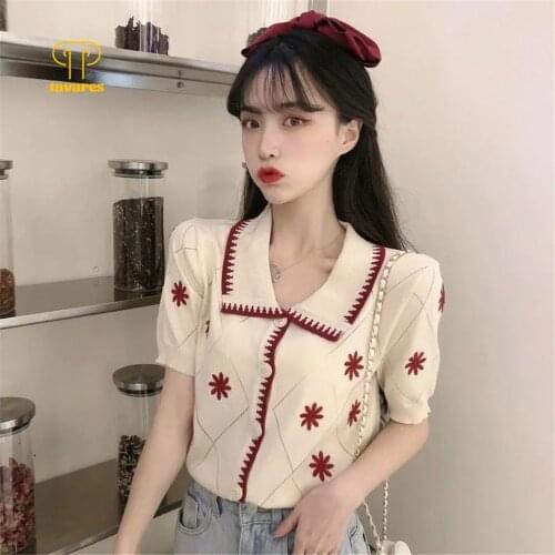 TAVARES Polo Shirt Plus Size Woman Loose Casual stripe sweet College style Elegant V-neck Blouse Lapel T-shirt Summer