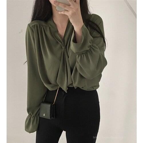 2021 Women Summer Vintage Army Green Blouse Bow Tie Collar Loose Elegant Pullover Shirt Full Sleeve Top