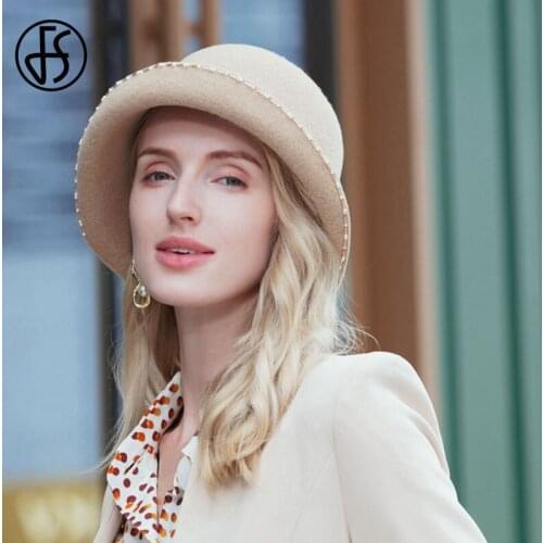 FS Vintage 2020 NEW Winter Hats For Women Wool Felt Wide Brim Fedoras Elegant Bowler Black Pink Cloche Church Sombreros De Mujer