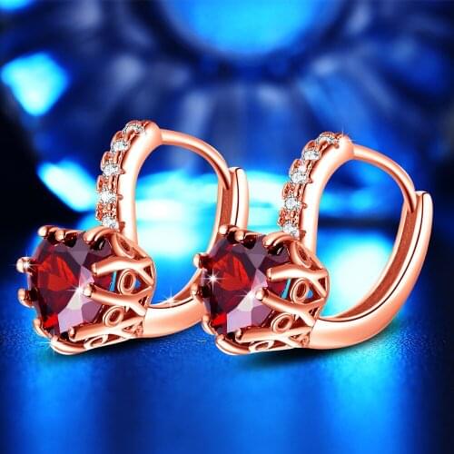 KOFSAC Top Quality 925 Sterling Silver Earrings For Women Wedding Party Rose Gold Red Heart Crystal Female Earring Jewelry