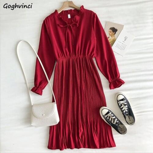 Women Long Sleeve Dress Draped Empire O-neck Tie Petal Sleeves 5 Colors Korean Style Retro Simple Fashion Abdomen Leisure Sweet