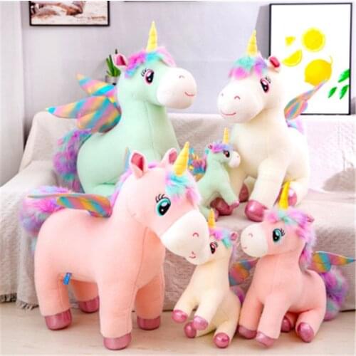 30-50cm Lovely Glow Rainbow Wings Unicorns Plush Toy Giant Unicorn Toy Stuffed Animals Doll Fluffy Hair Fly Horse Toy for Chi